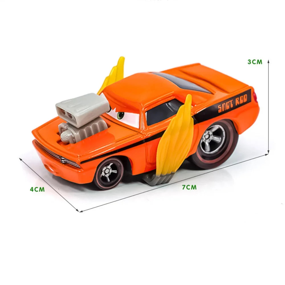 Diecast racing car model toy in bright orange with yellow side detail and front grille