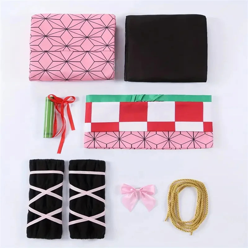 Cosplay fabric kit: pink geometric kimono cloth, black leg wraps, checkered sash, ribbon