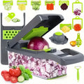 Vegetable chopper slicer dicer, gray base with green cutting inserts and grater tool set