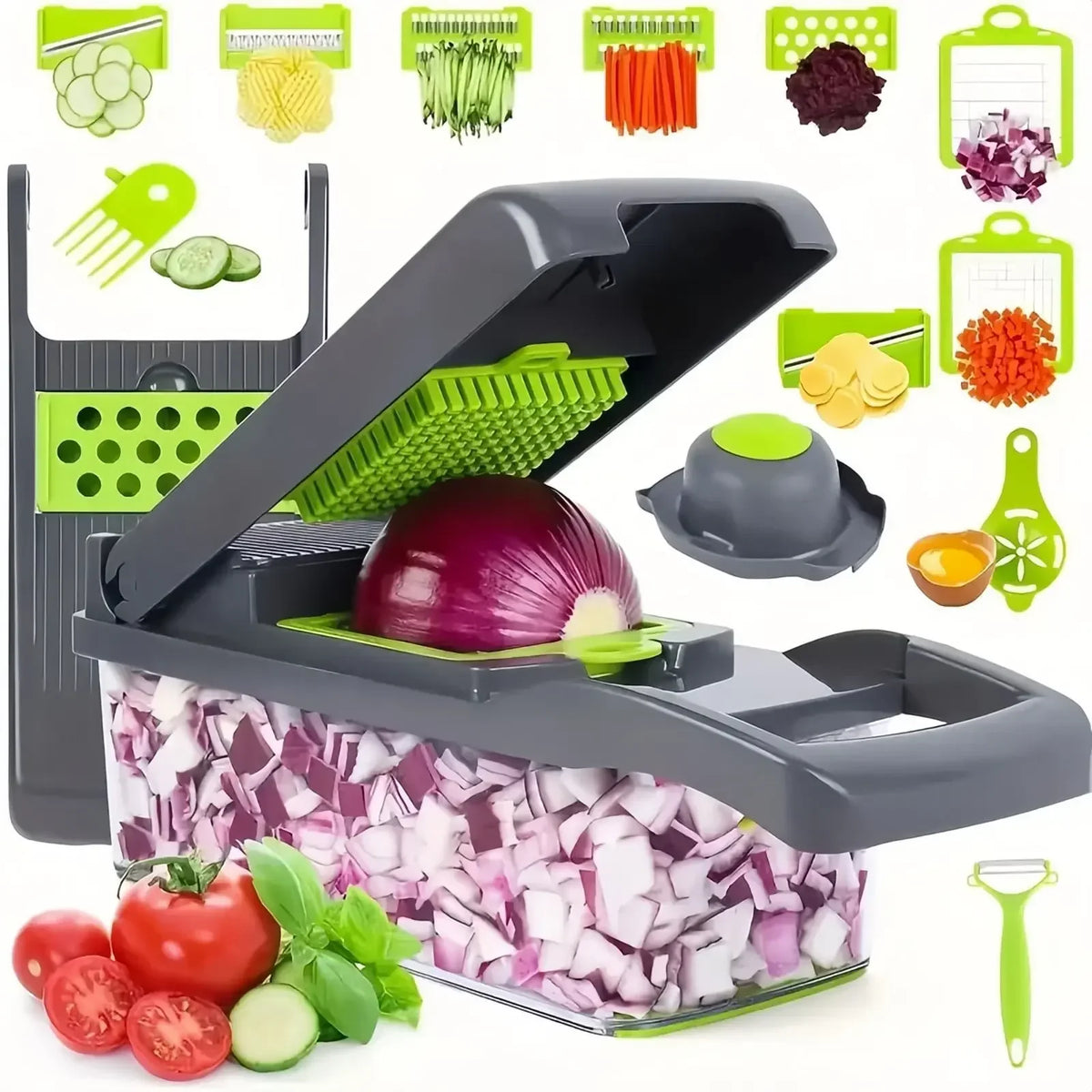 Vegetable chopper slicer dicer, gray base with green cutting inserts and grater tool set
