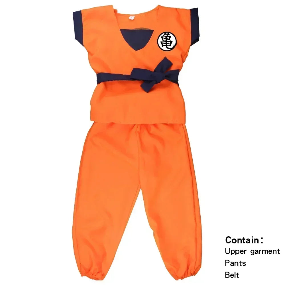 Orange tunic top and pants with navy neckline panel and bow belt