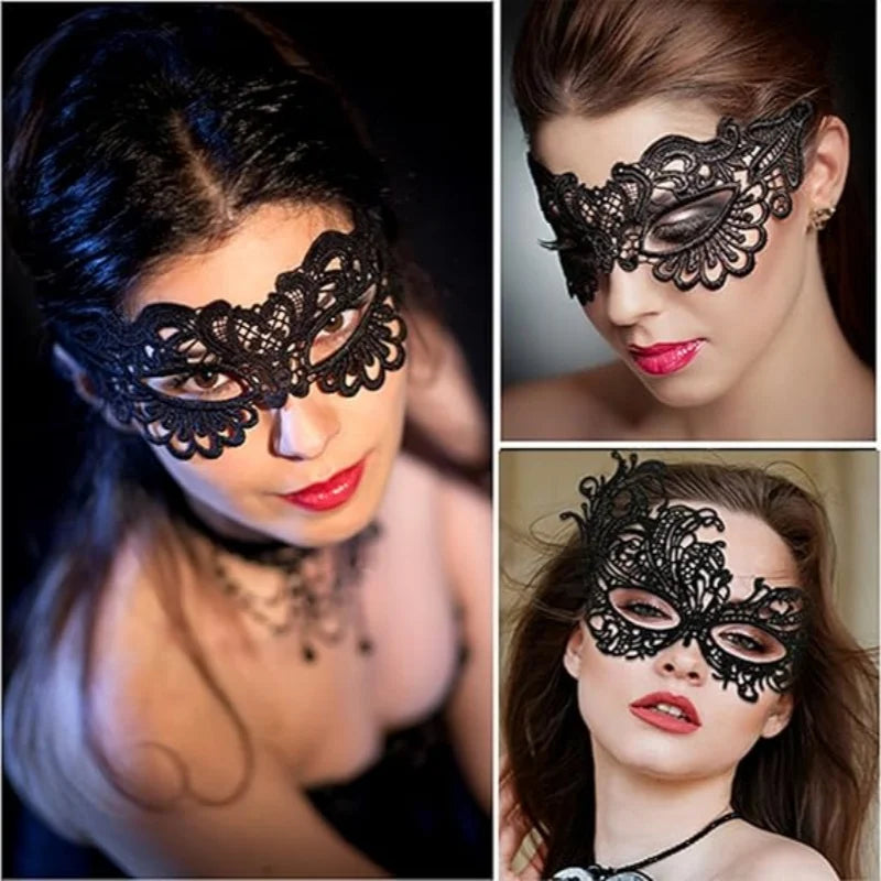Black lace masquerade eye mask with ornate butterfly wing design