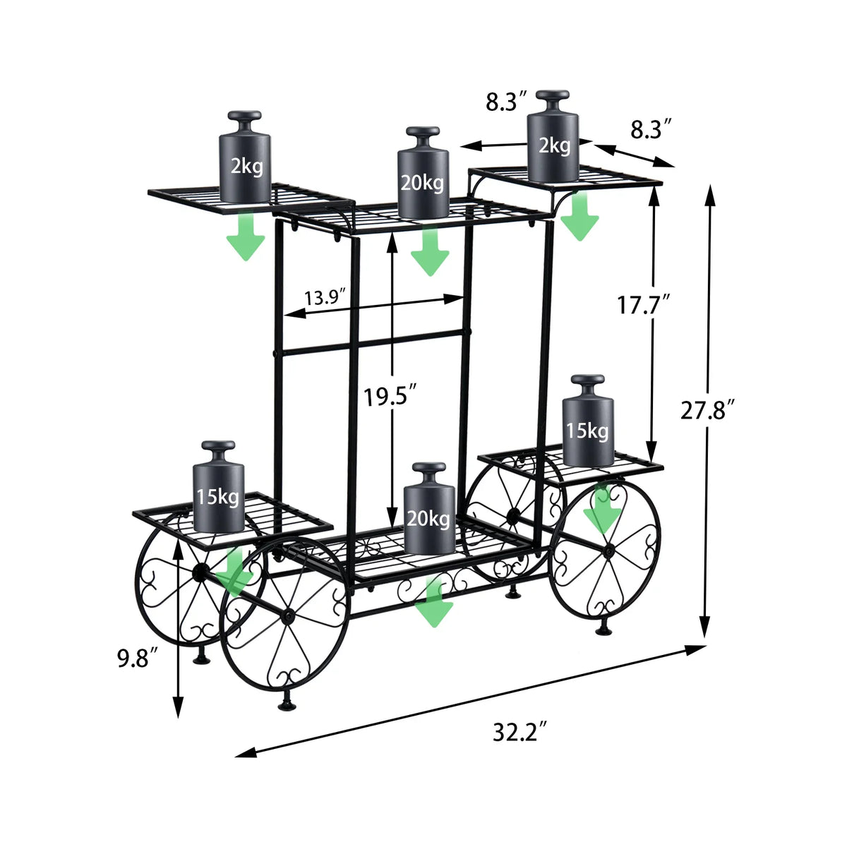 Black rolling plant stand diagram with tier shelves and decorative wheel frame