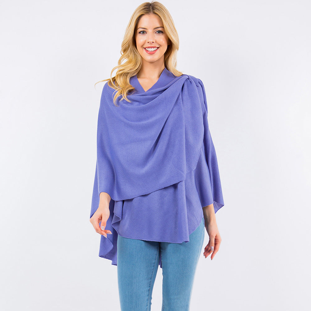 Periwinkle blue drape wrap poncho with cowl neckline and layered front drape