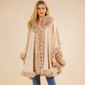Beige faux fur trim shawl cape poncho with open front and fluffy hem