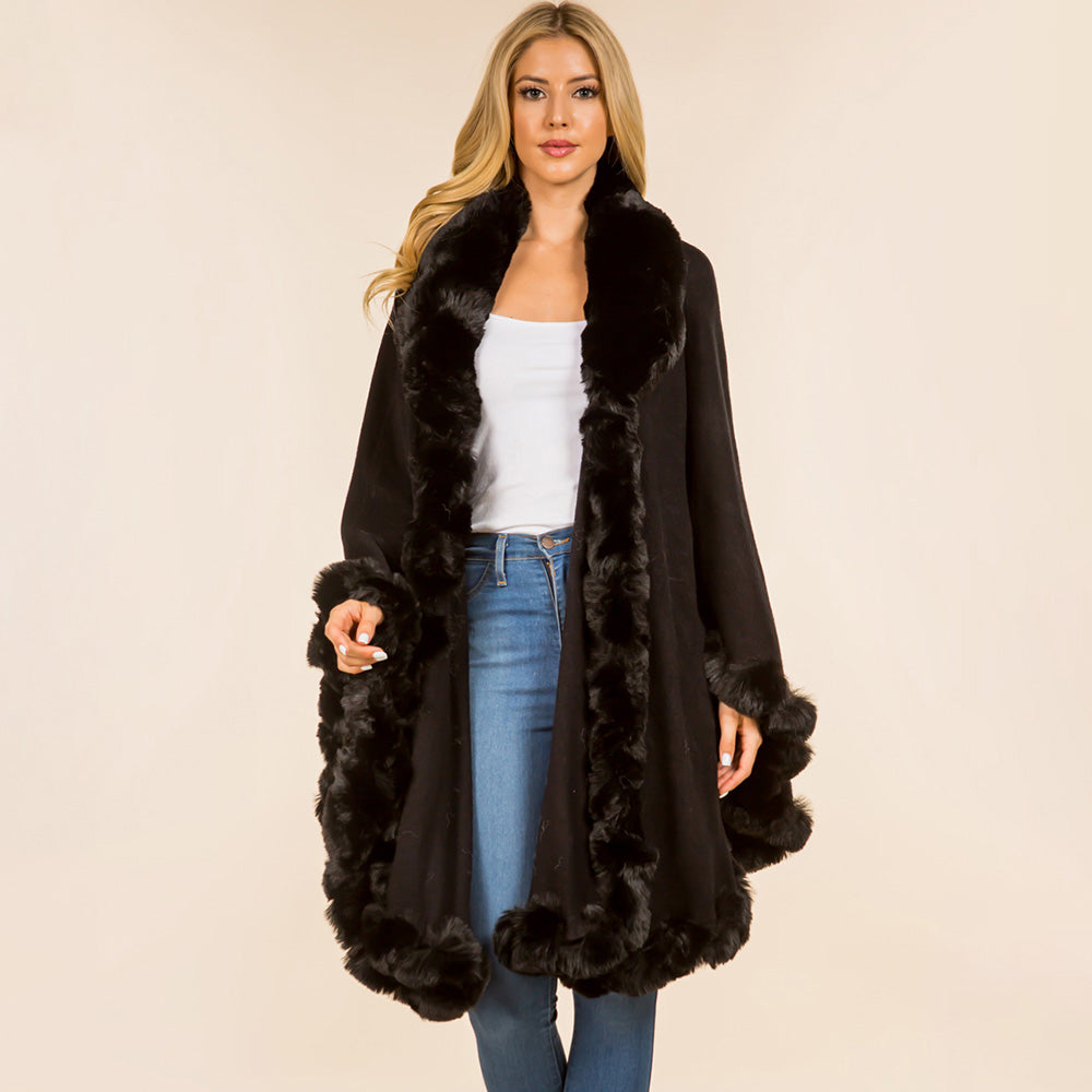 Black faux fur trim shawl cape poncho with soft fringe cuffs