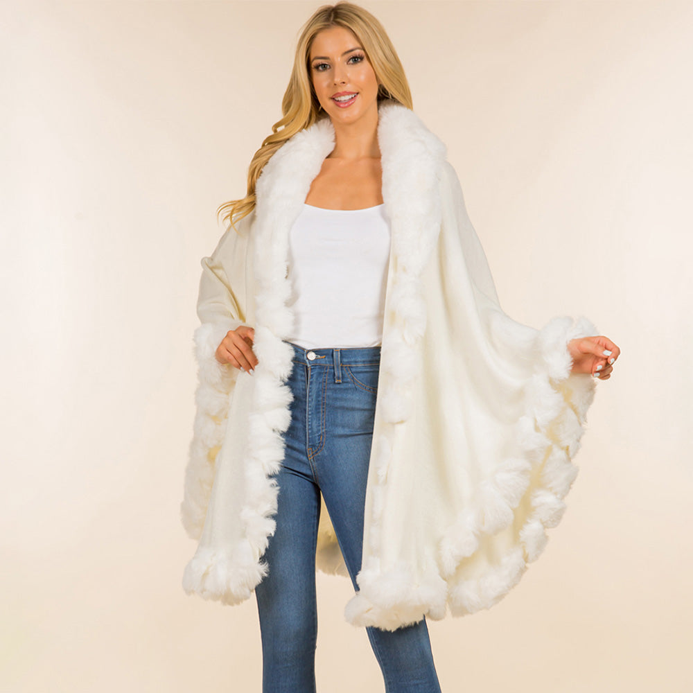 Ivory faux fur trim shawl cape poncho with draped stole front and fuzzy cuffs