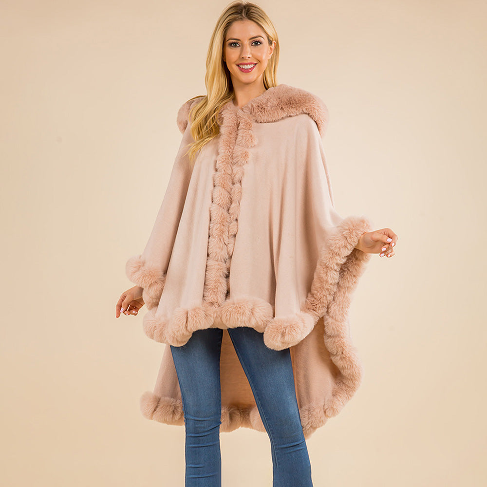 Pink faux fur trim shawl cape poncho with open front and plush cuff edges