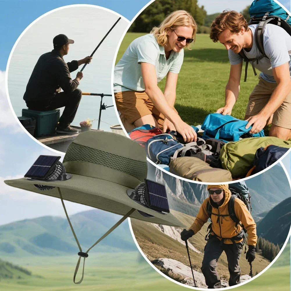 Solar fan fisherman hat with olive brim and side solar panels for outdoor use