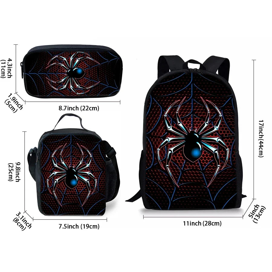 Spider web 3-piece set with sizes: backpack, zip pouch, matching lunch bag, black