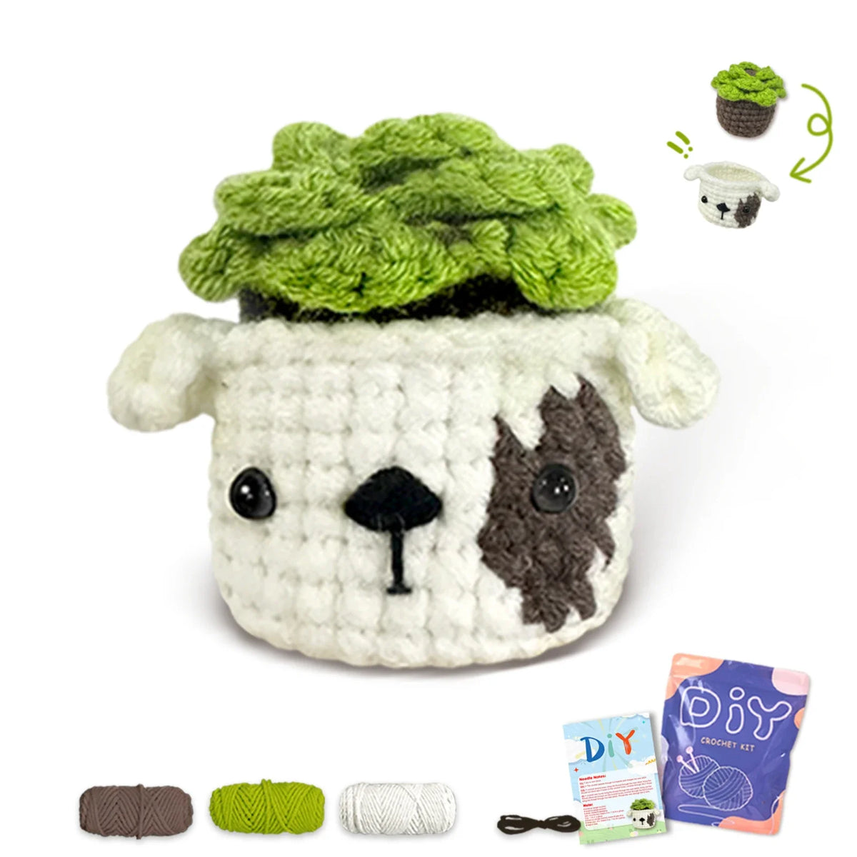 Crocheted animal character with green cap and white body, showing face details