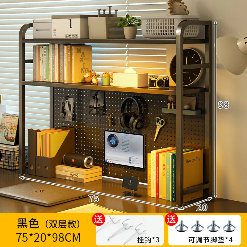 Black iron desktop pegboard storage rack with shelves, clock, and hanging accessories