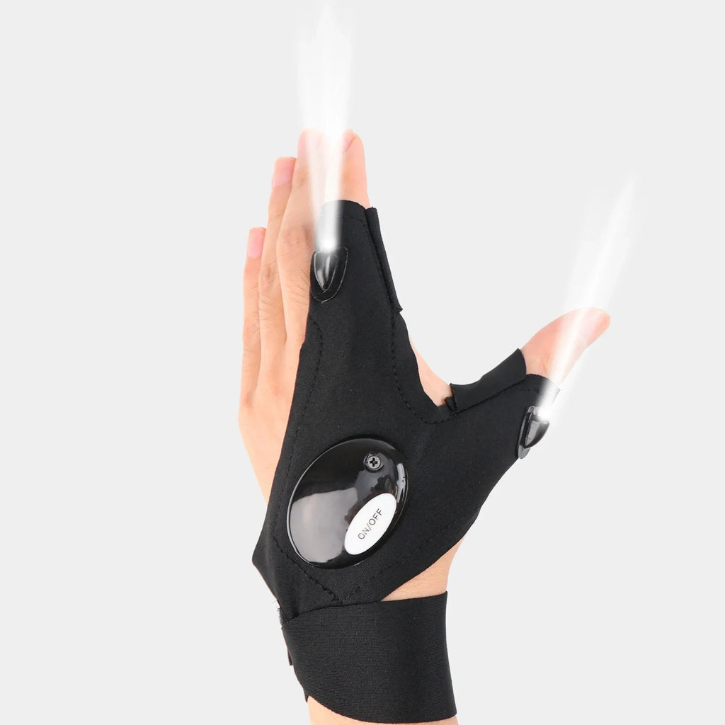 Black fingerless LED flashlight glove with bright beam from circular LED module