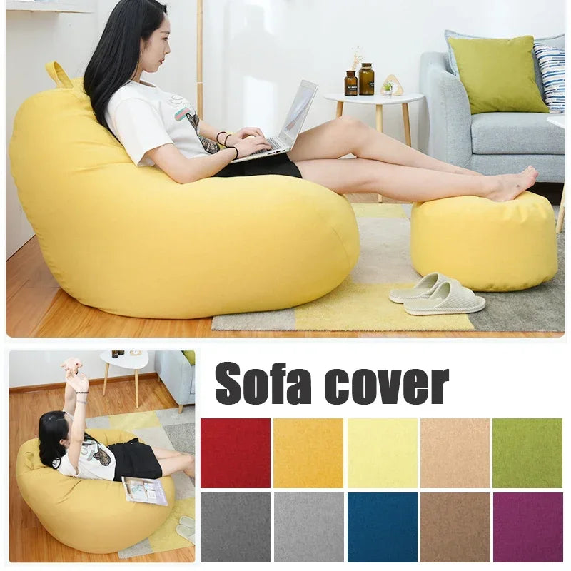 Yellow bean bag cover with top handle, placed on a sofa set