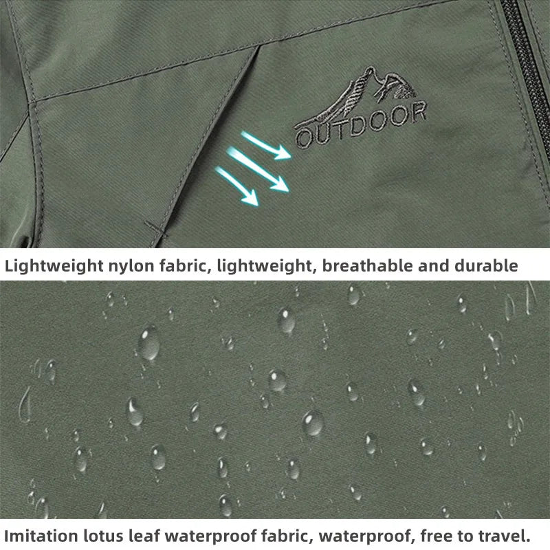 Green waterproof windbreaker fabric close-up with water droplets and OUTDOOR logo.
