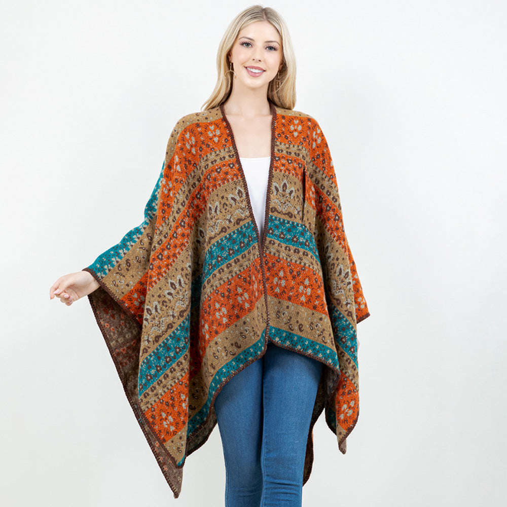 Bohemian open-front shawl wrap with loop tie, orange and teal geometric pattern