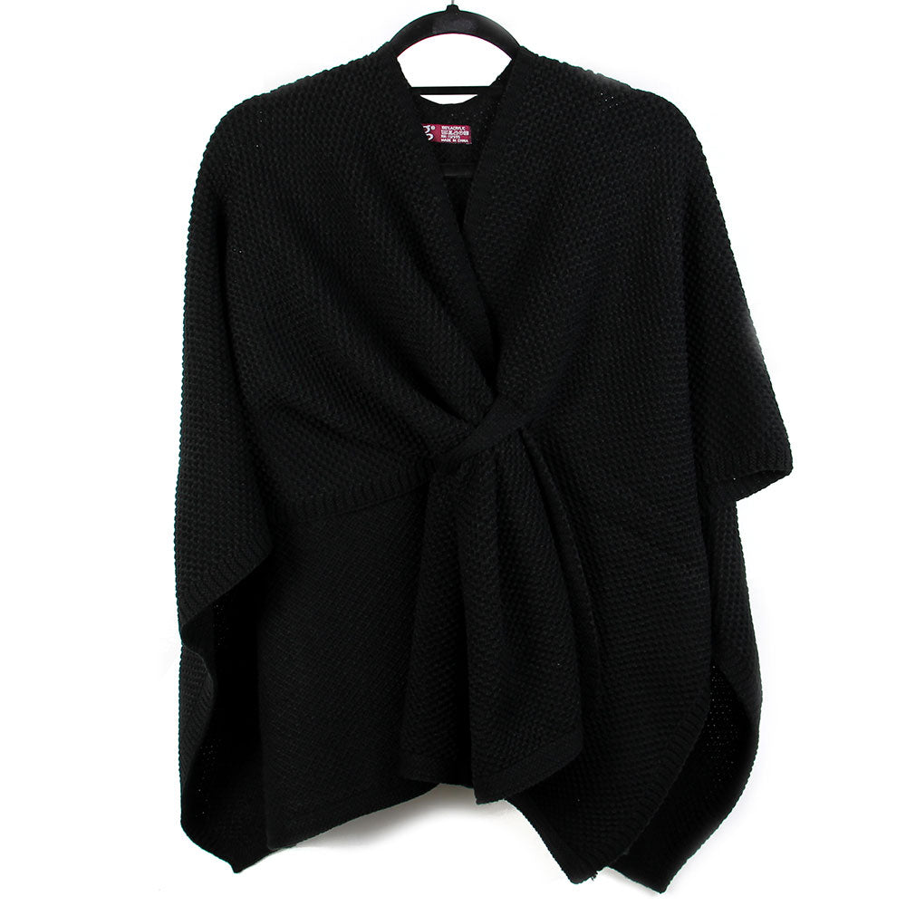 Black textured knit wrap shawl poncho with front tie knot detail