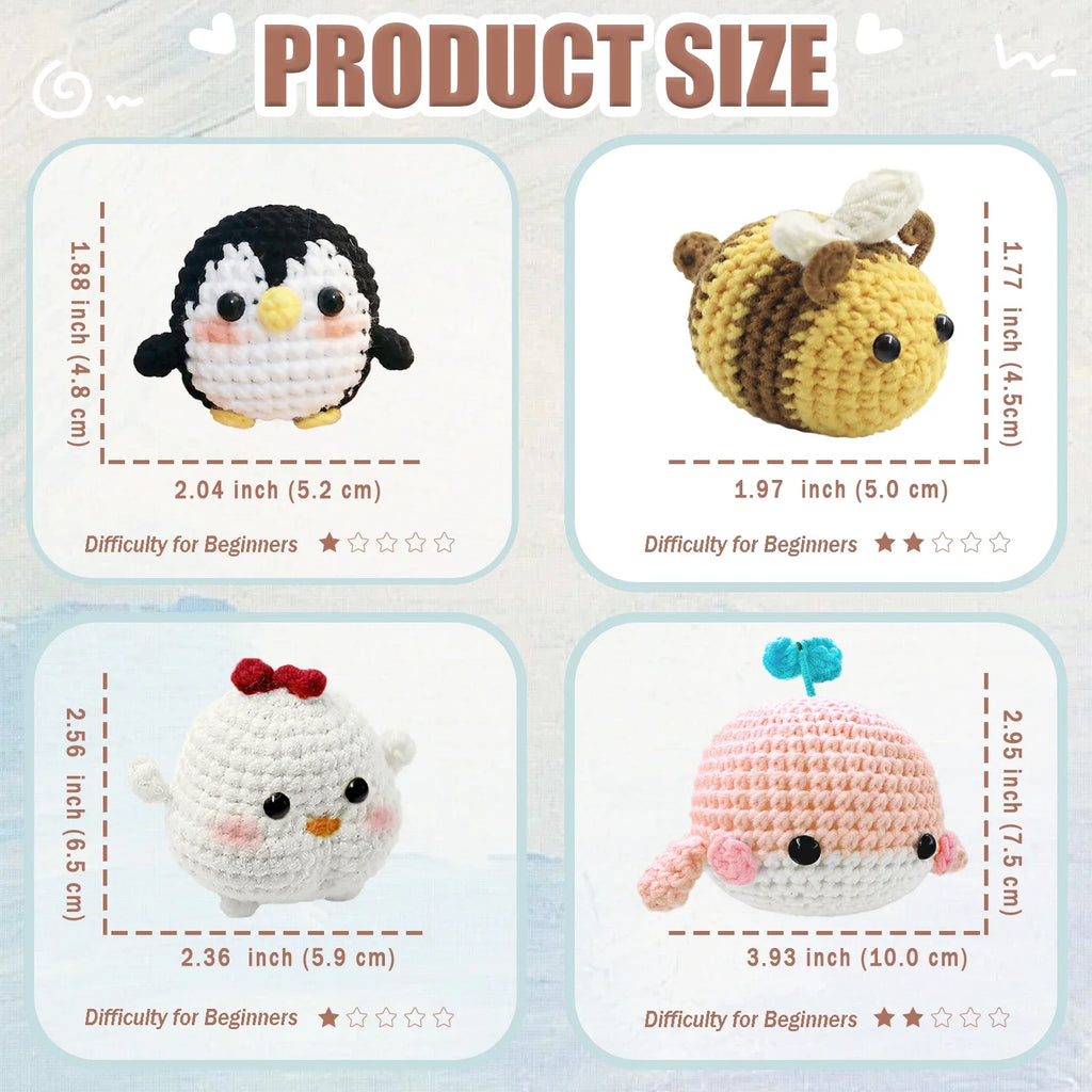 Crochet animal product size cards with four finished figures and dimensions