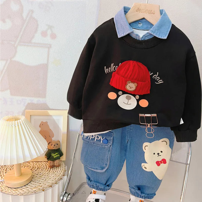 Black sweatshirt with red beanie bear graphic and blue denim jogger pants set