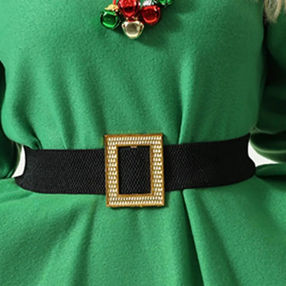Green elf dress with black belt and gold square buckle detail
