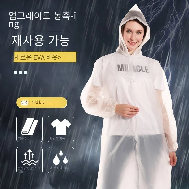 White hooded EVA raincoat with snap-front closure and relaxed, full-length fit