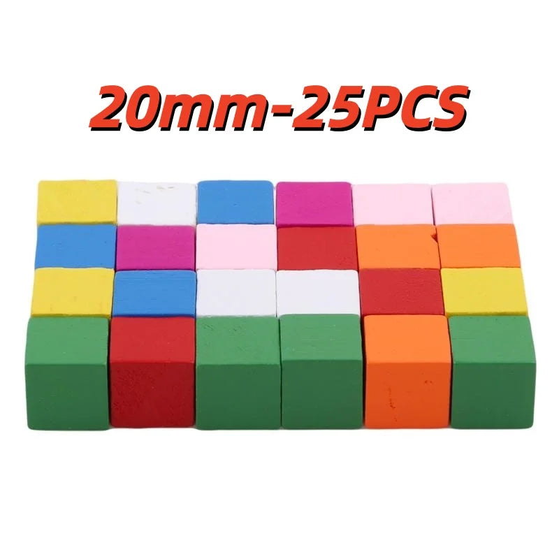 Rainbow-colored wooden cube blocks arranged in a single rectangular grid