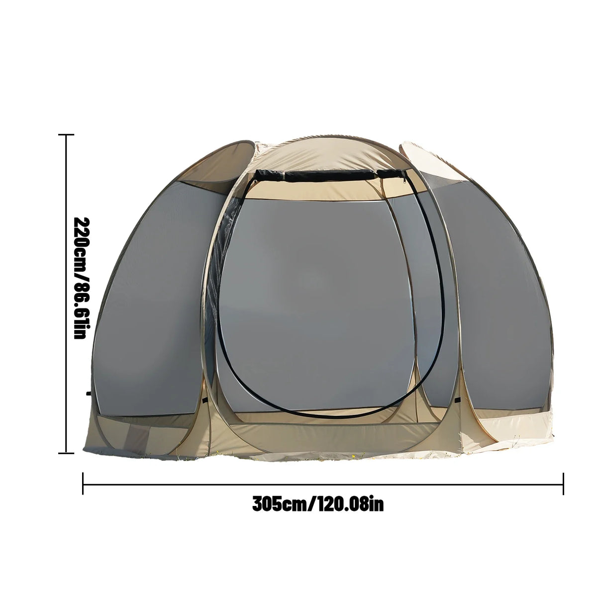 Dome camping screen tent with front entry and side panels; dimension diagram