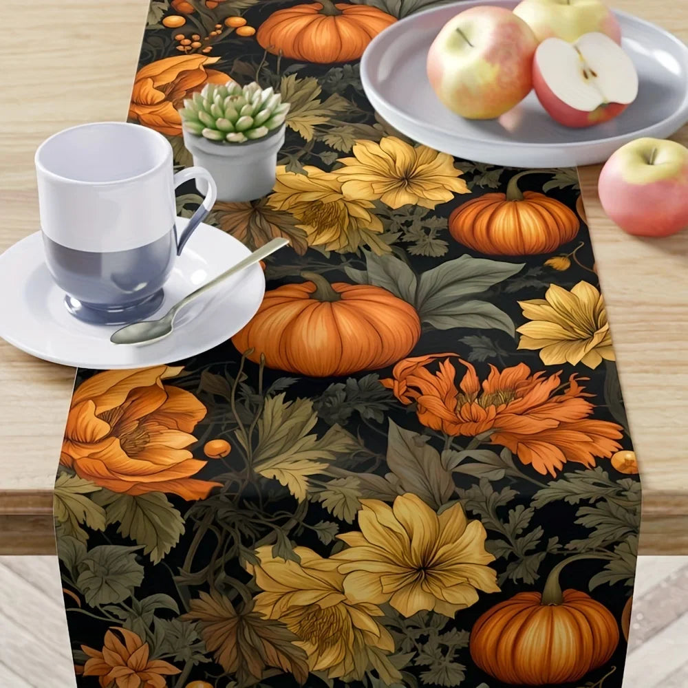 Dark linen table runner with pumpkins and autumn leaves print