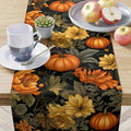 Dark linen table runner with pumpkins and autumn leaves print