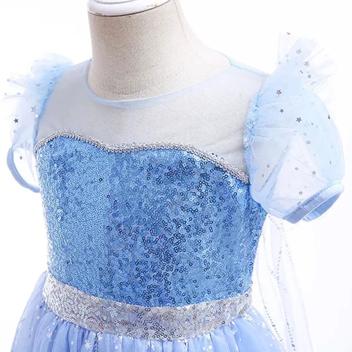 Light blue LED princess dress bodice with sequin glitter panel and mesh sleeves