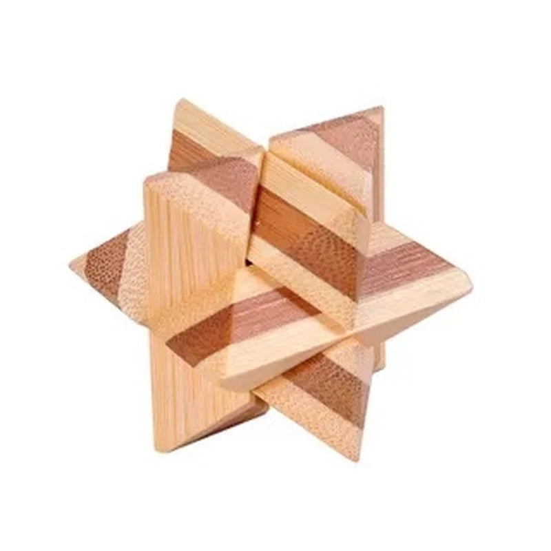 Star-shaped wooden interlocking puzzle with stepped blocks and darker textured inlays