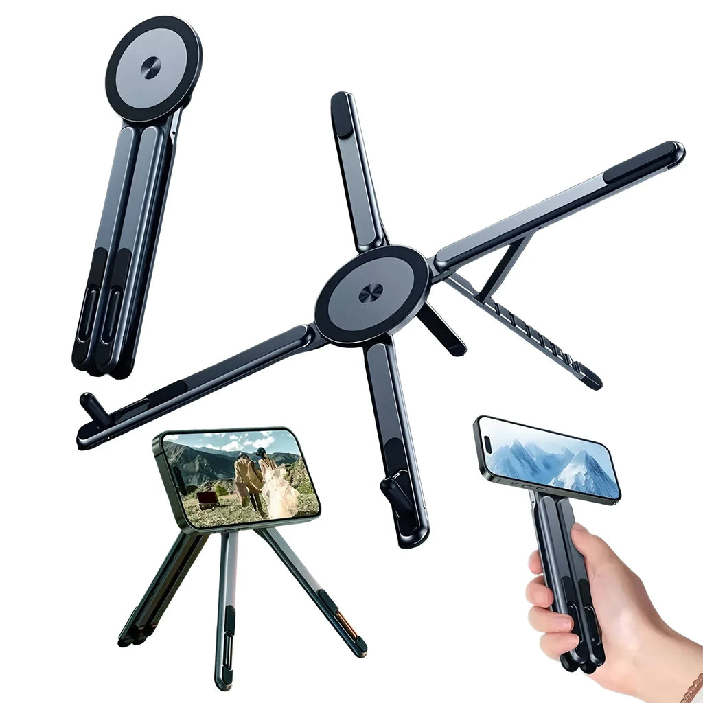 Gray adjustable magnetic stand holding a smartphone and tablet, with circular hub