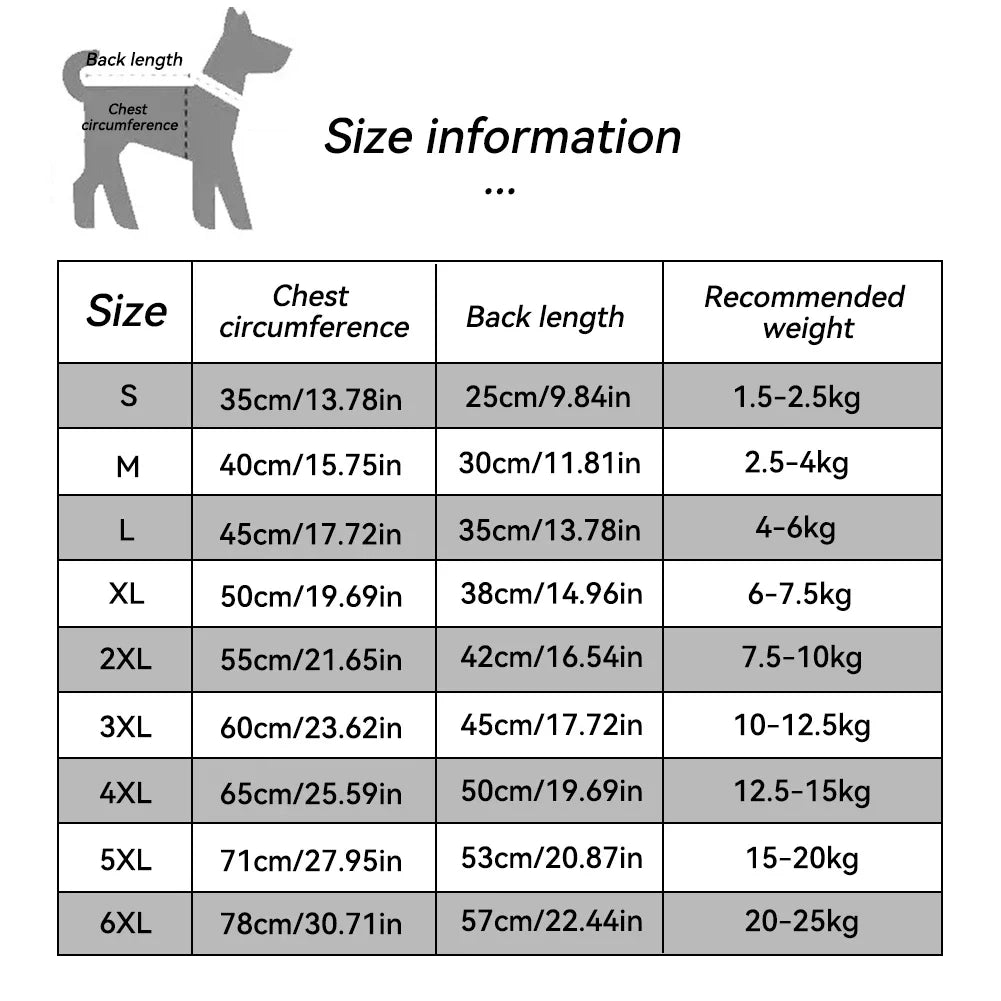 Size information chart for dog sweater: chest, back length, and recommended weight