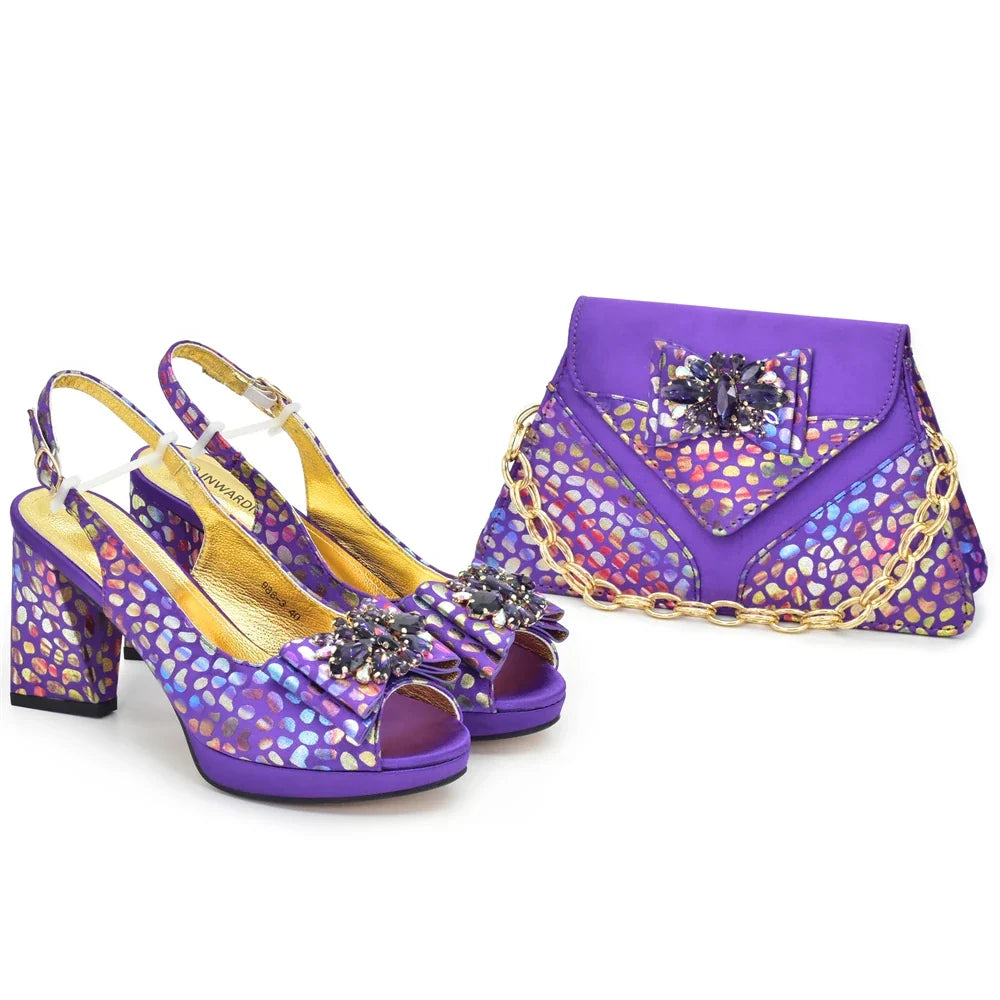 Purple peep-toe heeled shoes and matching patterned clutch bag with jeweled top