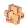 Compact cross-shaped wooden interlocking puzzle with striped block sections and textured accents