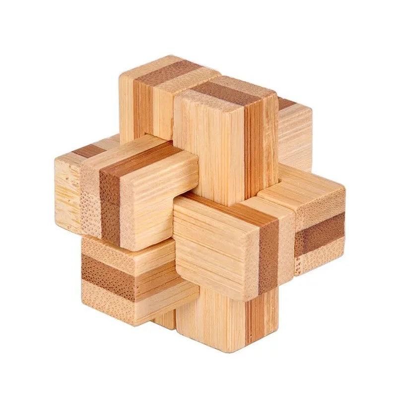 Compact cross-shaped wooden interlocking puzzle with striped block sections and textured accents