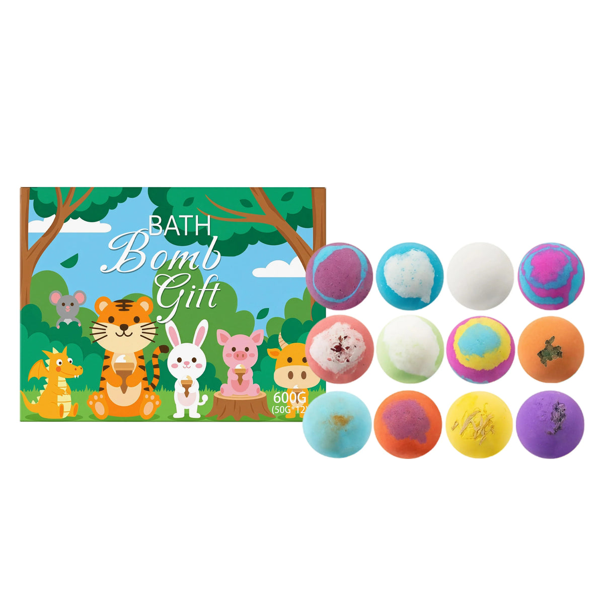 Bath bomb gift set with assorted colorful bath balls and animal surprise toys