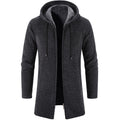 Men's hooded cardigan coat in dark charcoal knit with front zipper and drawstring hood