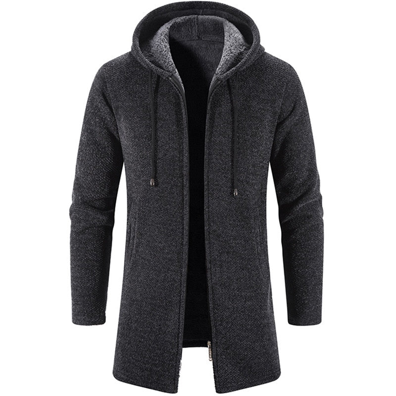 Men's hooded cardigan coat in dark charcoal knit with front zipper and drawstring hood