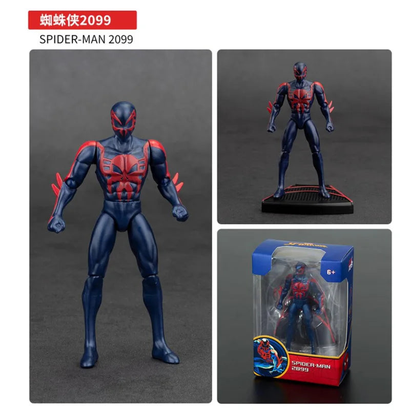 4-inch poseable Spider-Man 2099 action figure in blue-and-red suit, on base