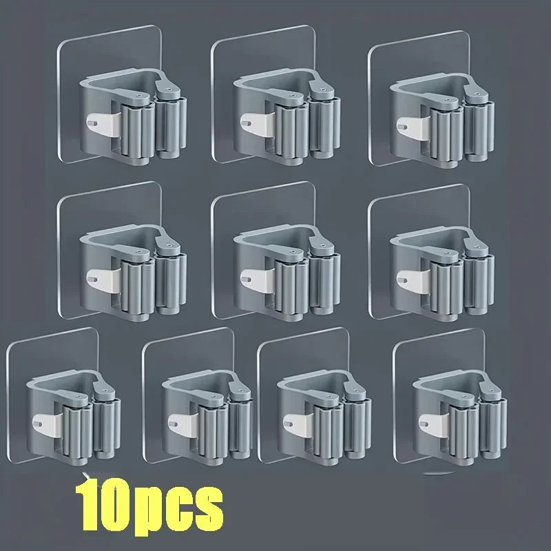 Set of 10 grey wall-mounted mop and broom holder clips