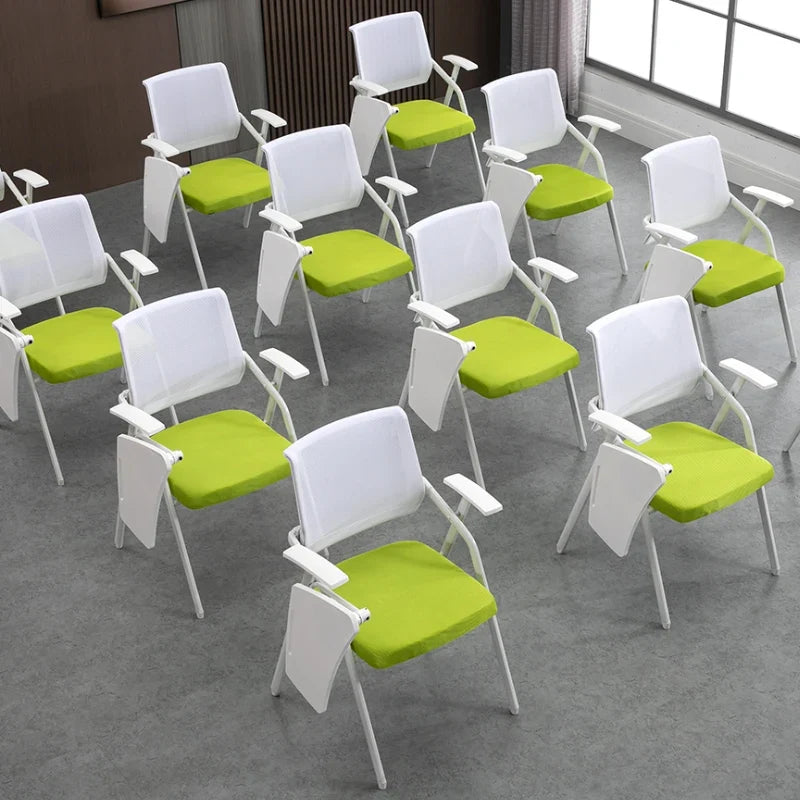 Folding training chairs with desk board, white frames, lime green seats and backs.