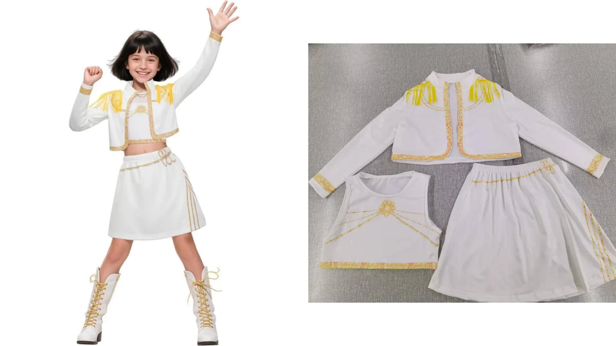 Girls white and gold cosplay jacket with short skirt and layered hem trim