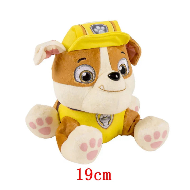 Cartoon dog plush doll with yellow hat and white paw pads, 19cm