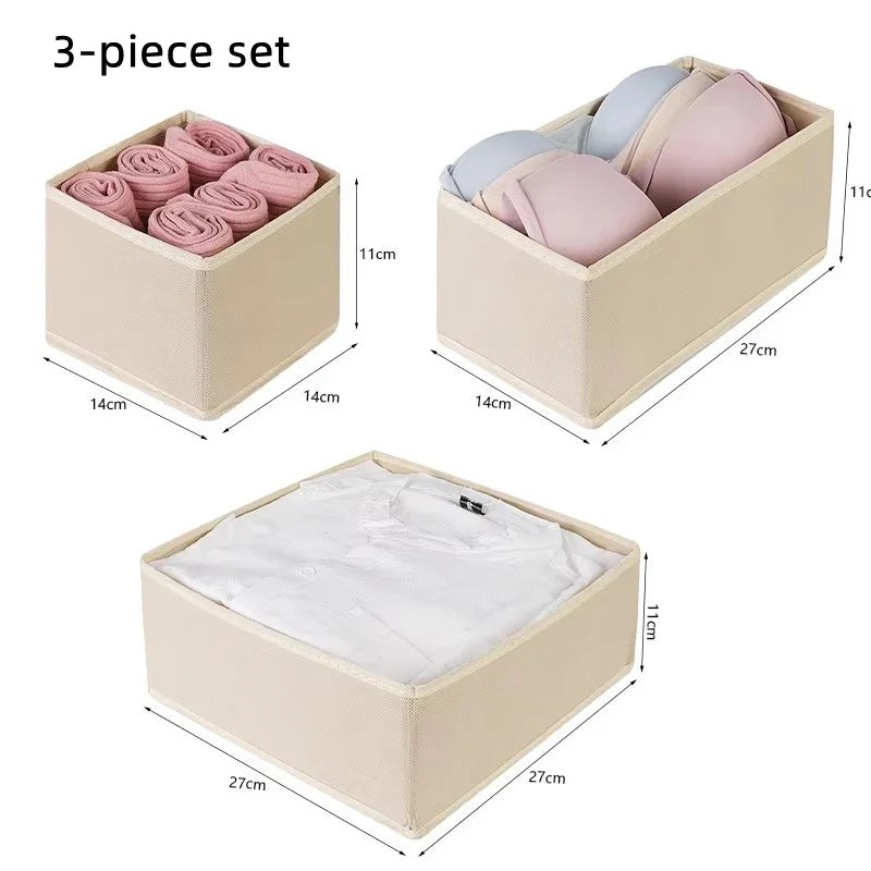 Beige foldable 3-piece organizer set with bins for folded underwear and socks