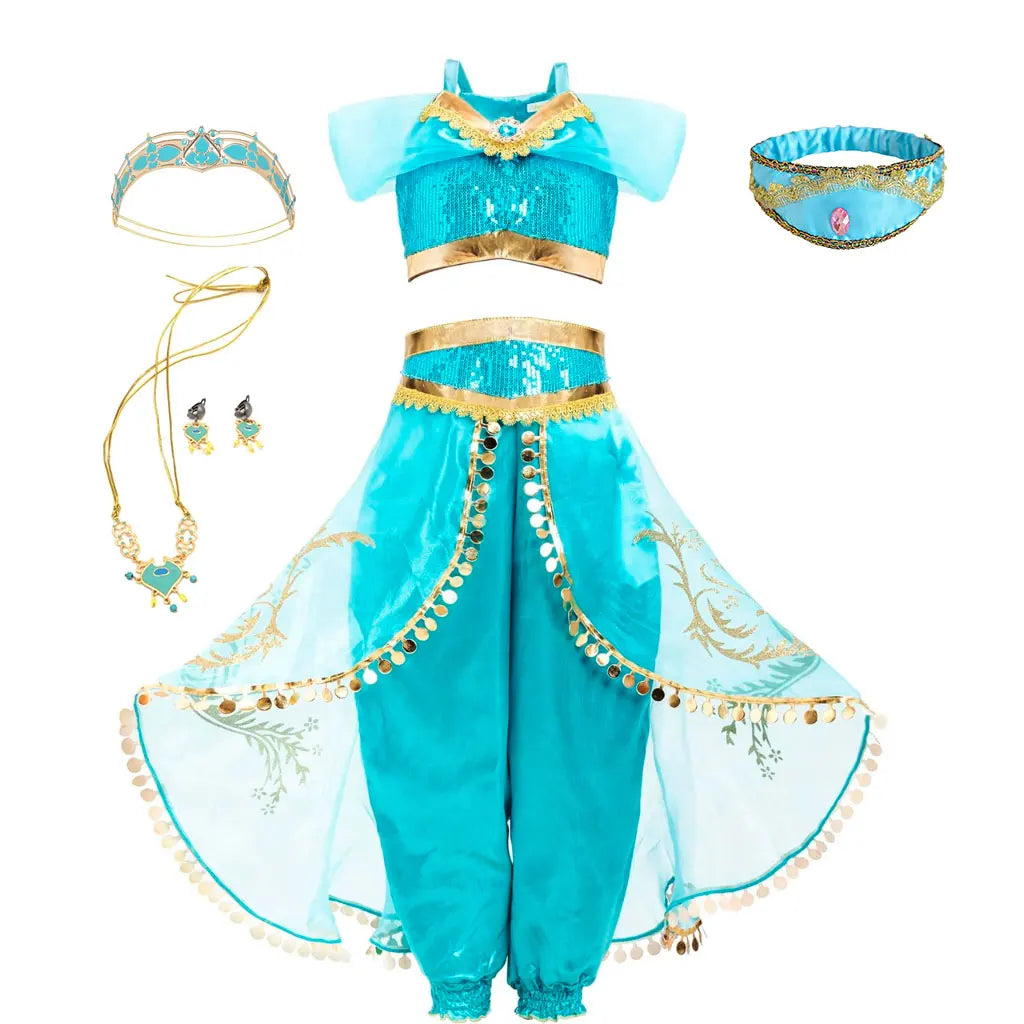 Turquoise princess cosplay outfit with headpiece, belt, and jewelry accessories laid out
