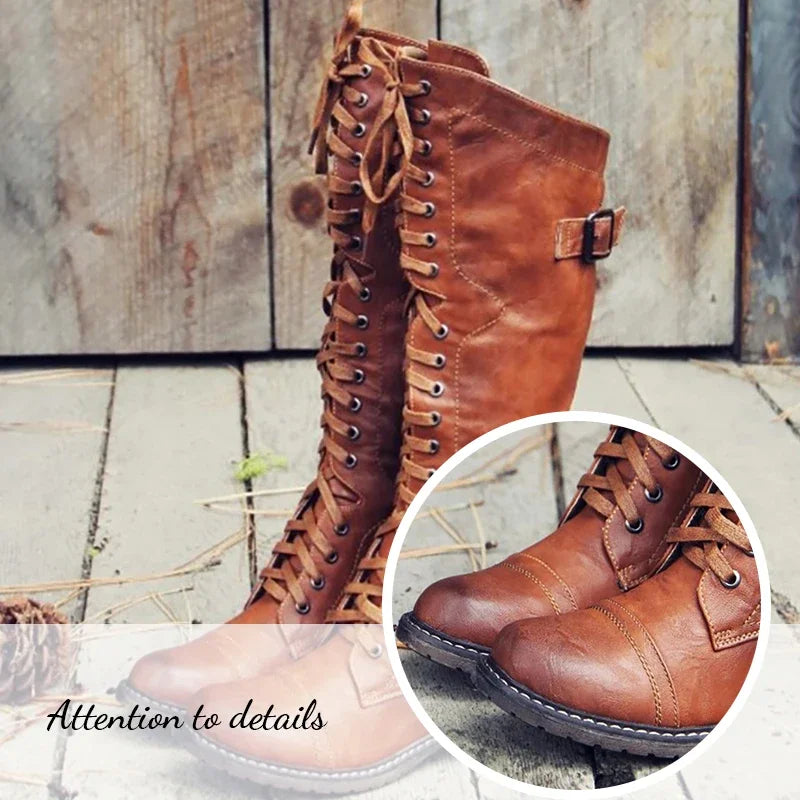 Women’s lace-up knee-high boots, flat sole, brown PU leather with buckle detail