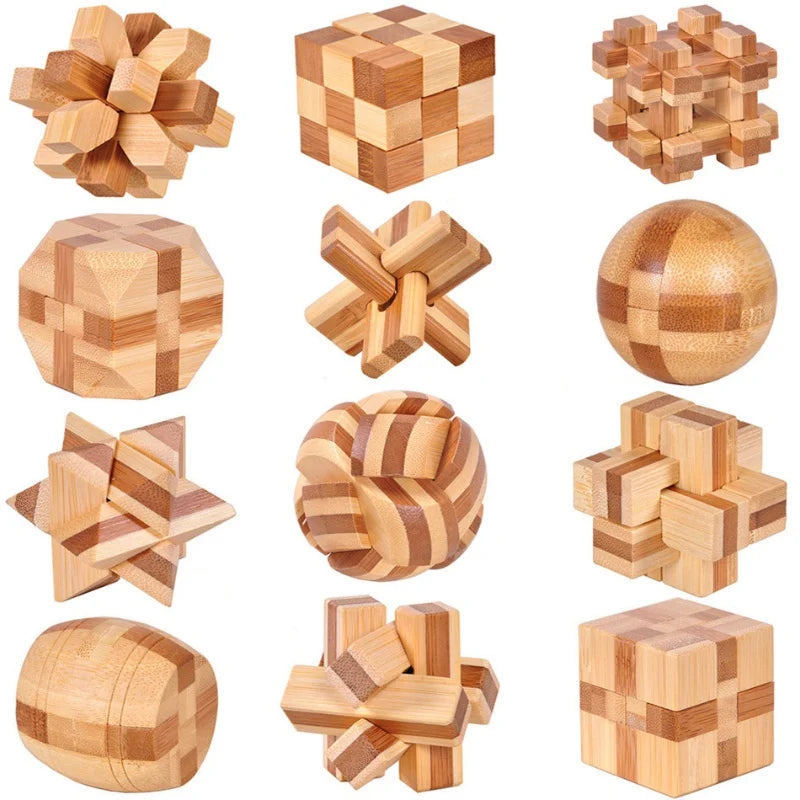 Wooden Kong Ming lock 3D puzzle shapes: cube, sphere, cross, and star