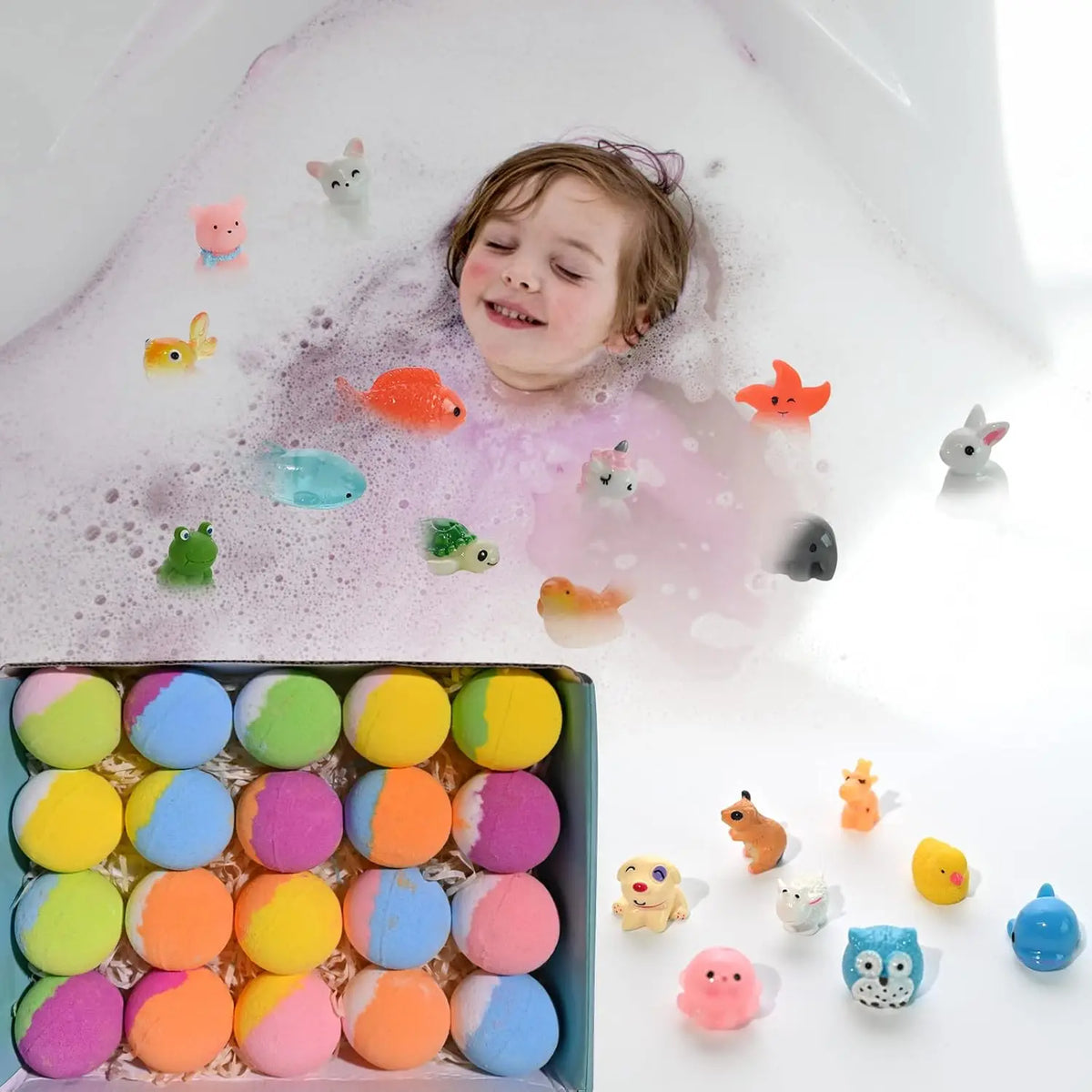 Child bath time with bath bomb foam and small floating animal toys