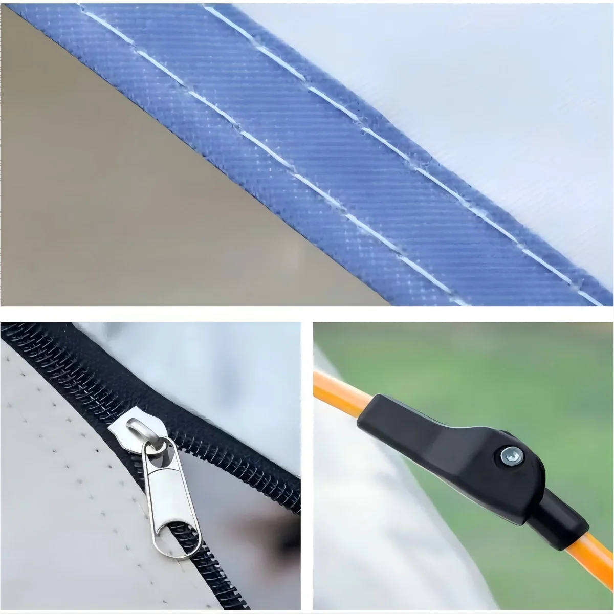 Rainproof tent fabric with reinforced seams, dark zipper trim, and UV-protective coating
